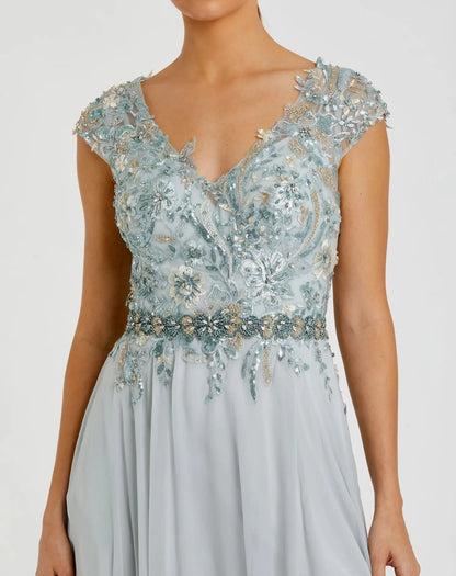 Blue Embellished Chiffon Cap Sleeve A-Line Gown