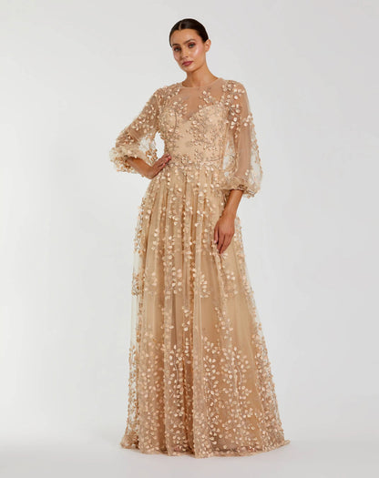 Beige Embroidered Puff Sleeve A-Line Gown