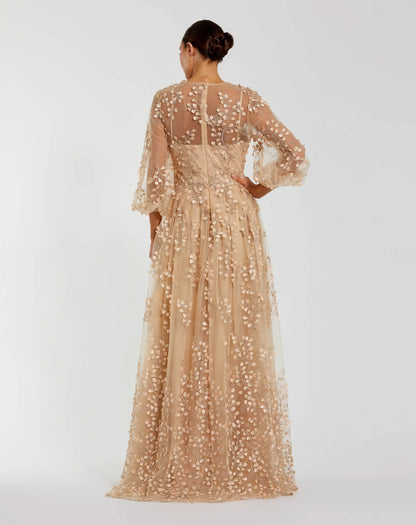 Beige Embroidered Puff Sleeve A-Line Gown