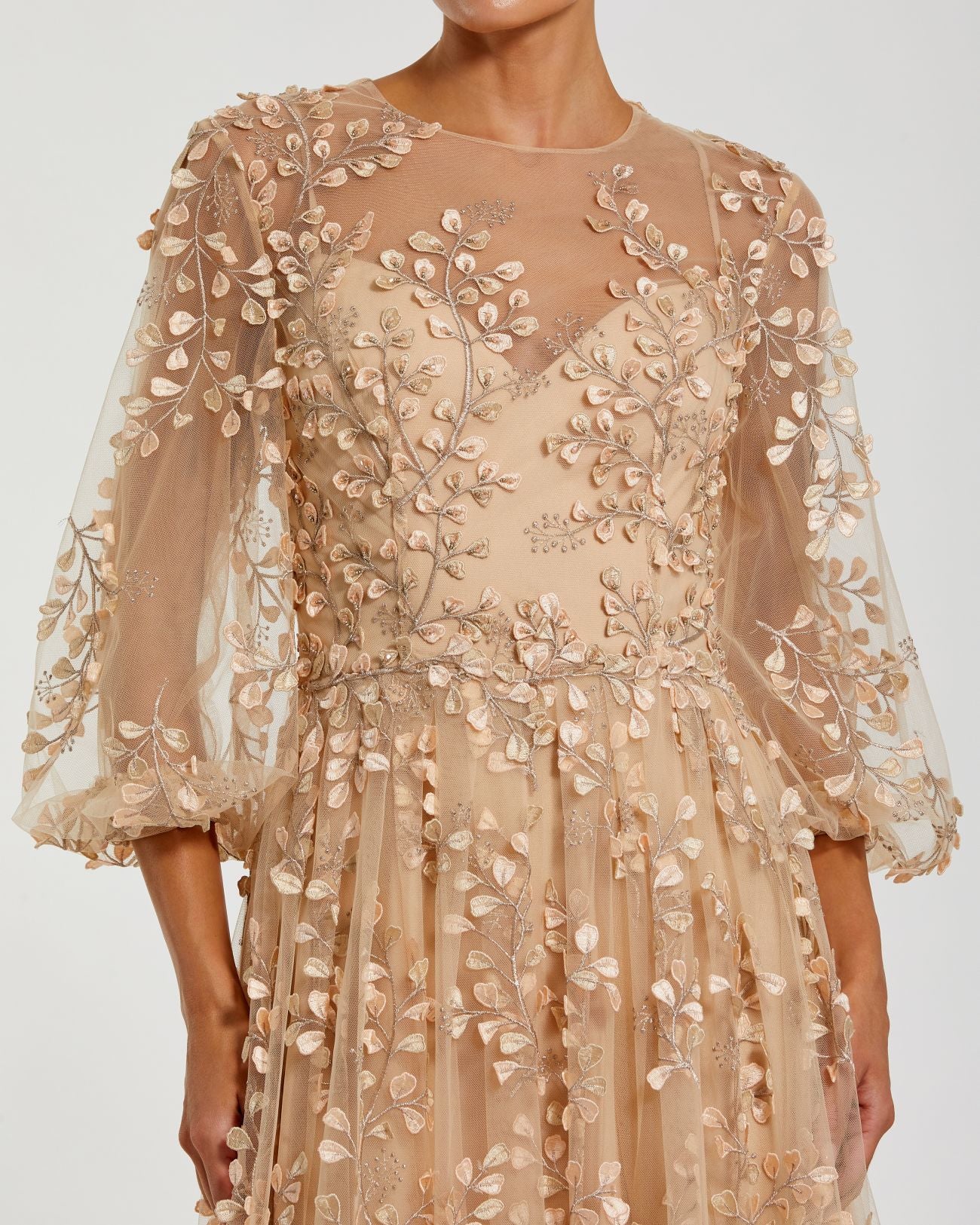 Beige Embroidered Puff Sleeve A-Line Gown