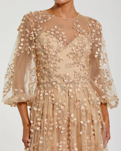Beige Embroidered Puff Sleeve A-Line Gown