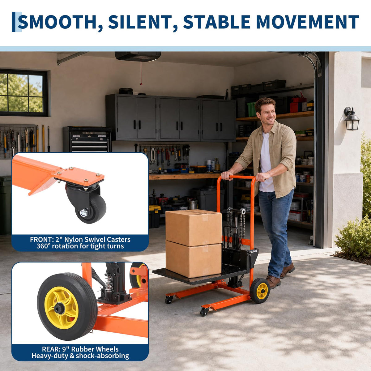 Garvee collapsible Hydraulic Material Lift Winch Stacker - 450 lb Capacity - 35.8 in Max Lift - Removable Platform Lift Table Cart - 360° Swivel Casters - Yellow
