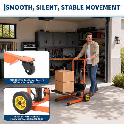 Garvee collapsible Hydraulic Material Lift Winch Stacker - 450 lb Capacity - 35.8 in Max Lift - Removable Platform Lift Table Cart - 360° Swivel Casters - Yellow