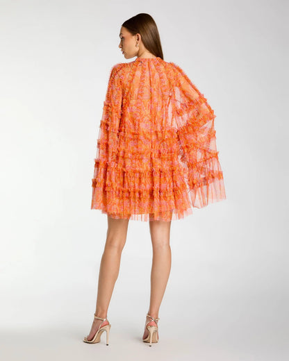 Orange Floral Ruffle Long Sleeve Mini Dress