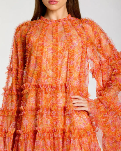 Orange Floral Ruffle Long Sleeve Mini Dress