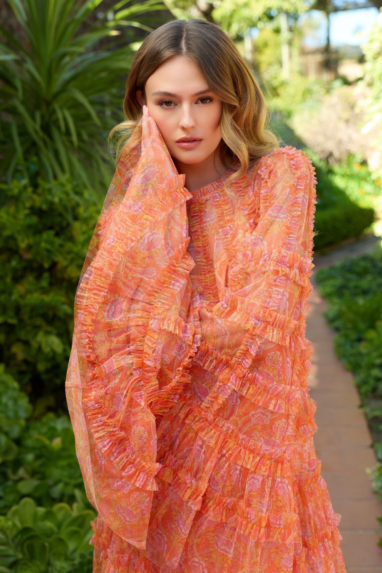 Orange Floral Ruffle Long Sleeve Mini Dress