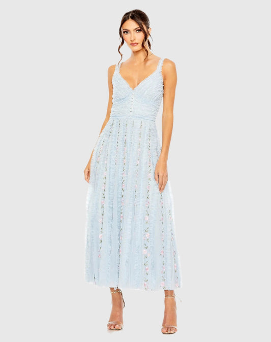 Blue Ruffle Floral Embroidered Detail Midi Dress