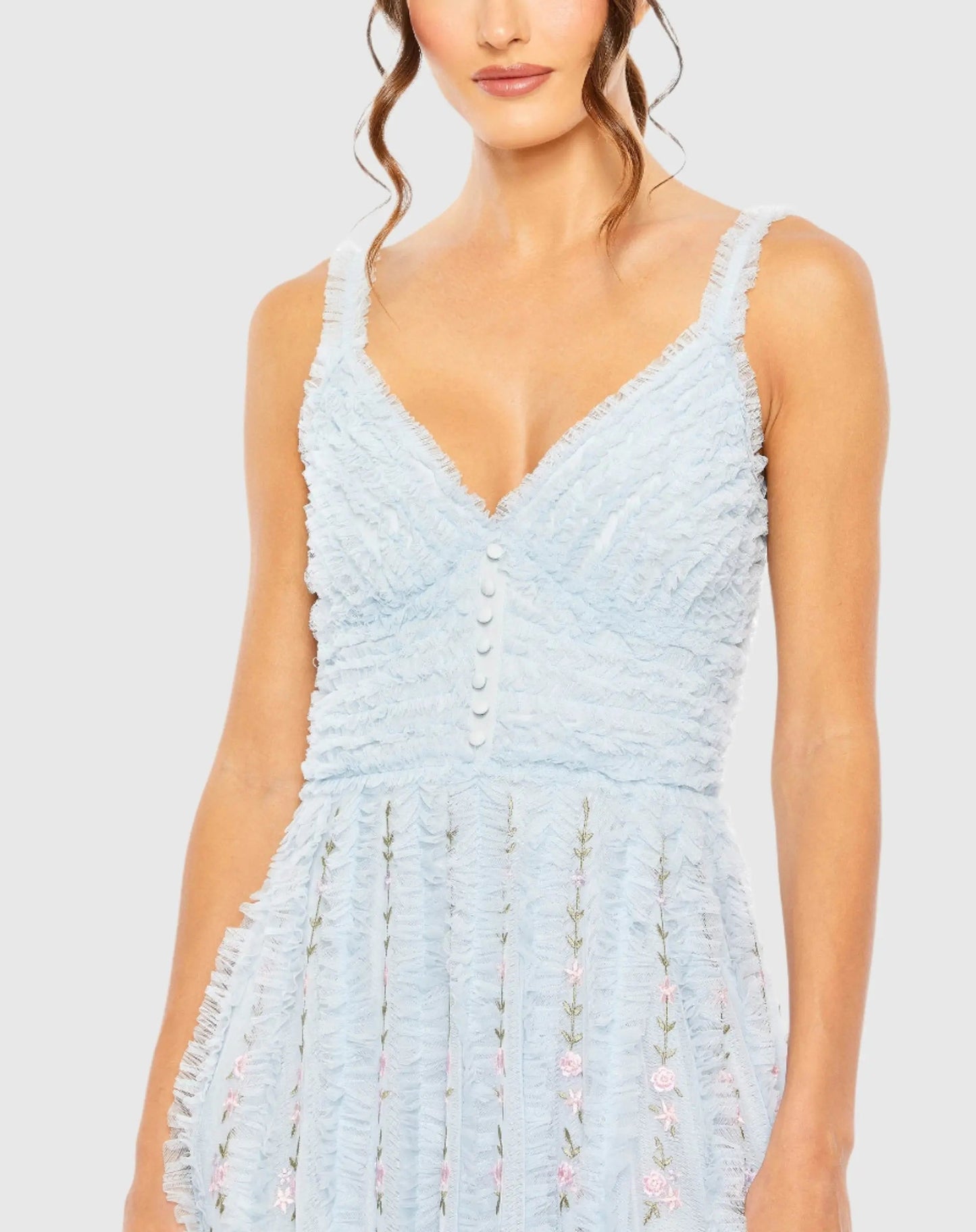 Blue Ruffle Floral Embroidered Detail Midi Dress