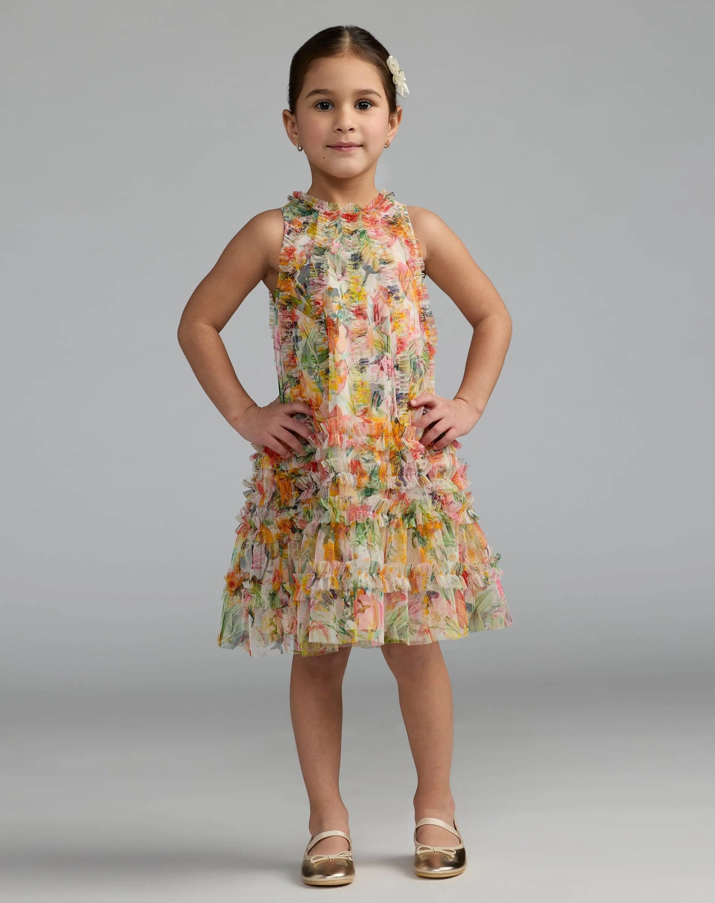 Girls Floral Printed Ruffle Mini Dress