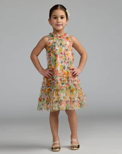 Girls Floral Printed Ruffle Mini Dress