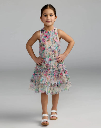 Girls Floral Printed Ruffle Mini Dress