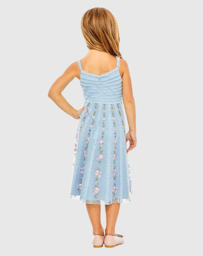 Girls Light Blue Ruffle Floral Embroidered Detail Midi Dress