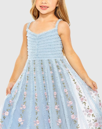 Girls Light Blue Ruffle Floral Embroidered Detail Midi Dress