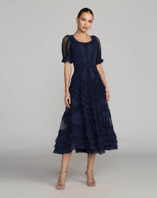 Navy Short Sleeve Micro Ruffle Midi Dress