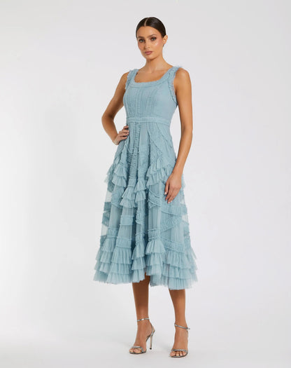 Blue Scoop Neck Sleeveless A-Line Ruffle Midi Dress