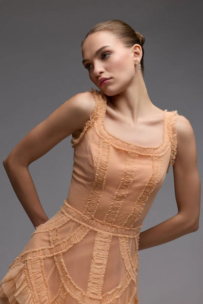 Orange Scoop Neck Sleeveless Micro Ruffle Midi Dress