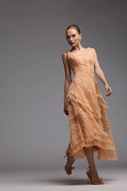 Orange Scoop Neck Sleeveless Micro Ruffle Midi Dress