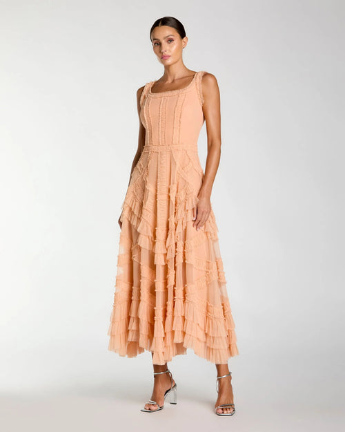 Orange Scoop Neck Sleeveless Micro Ruffle Midi Dress