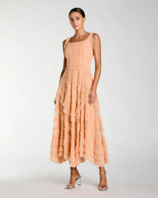 Orange Scoop Neck Sleeveless Micro Ruffle Midi Dress