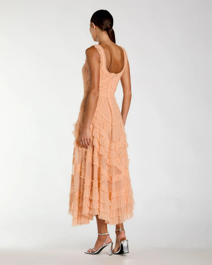 Orange Scoop Neck Sleeveless Micro Ruffle Midi Dress