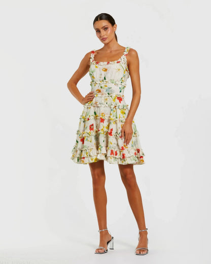 Floral Square Neck Ruffle Mini Dress