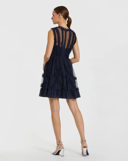 Navy High Neck Sleeveless Micro Ruffle Mini Dress