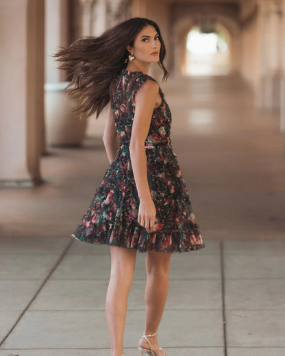 Black Multicolor Micro Ruffle Floral A-Line Mini Dress