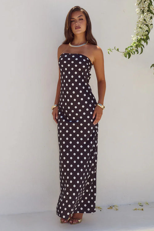CELESTE STRAPLESS MAXI DRESS - BLACK/WHITE POLKA