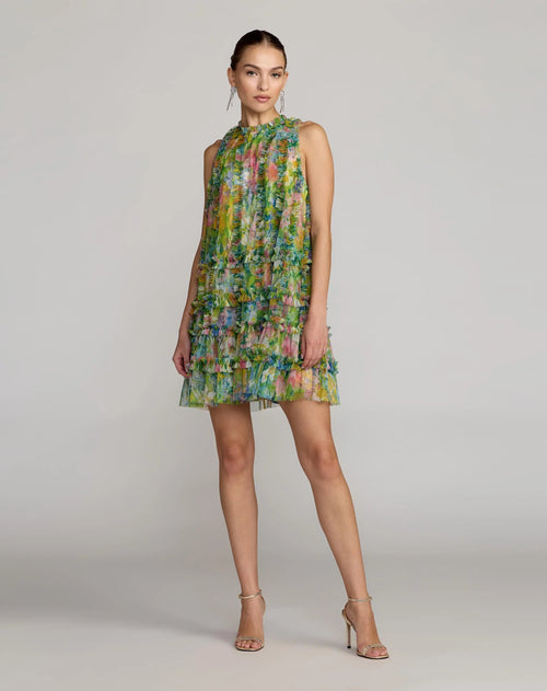 Green Printed Sleeveless High Neck Ruffle Mini Dress