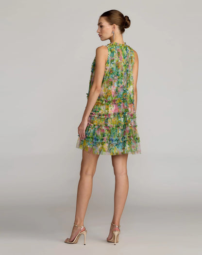 Green Printed Sleeveless High Neck Ruffle Mini Dress