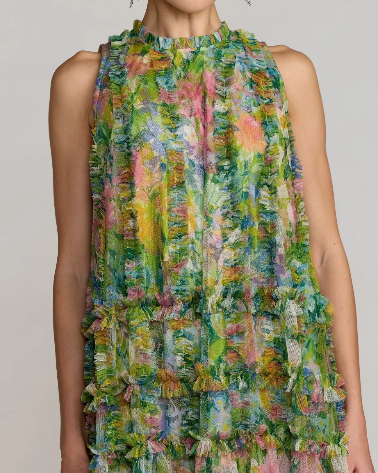 Green Printed Sleeveless High Neck Ruffle Mini Dress