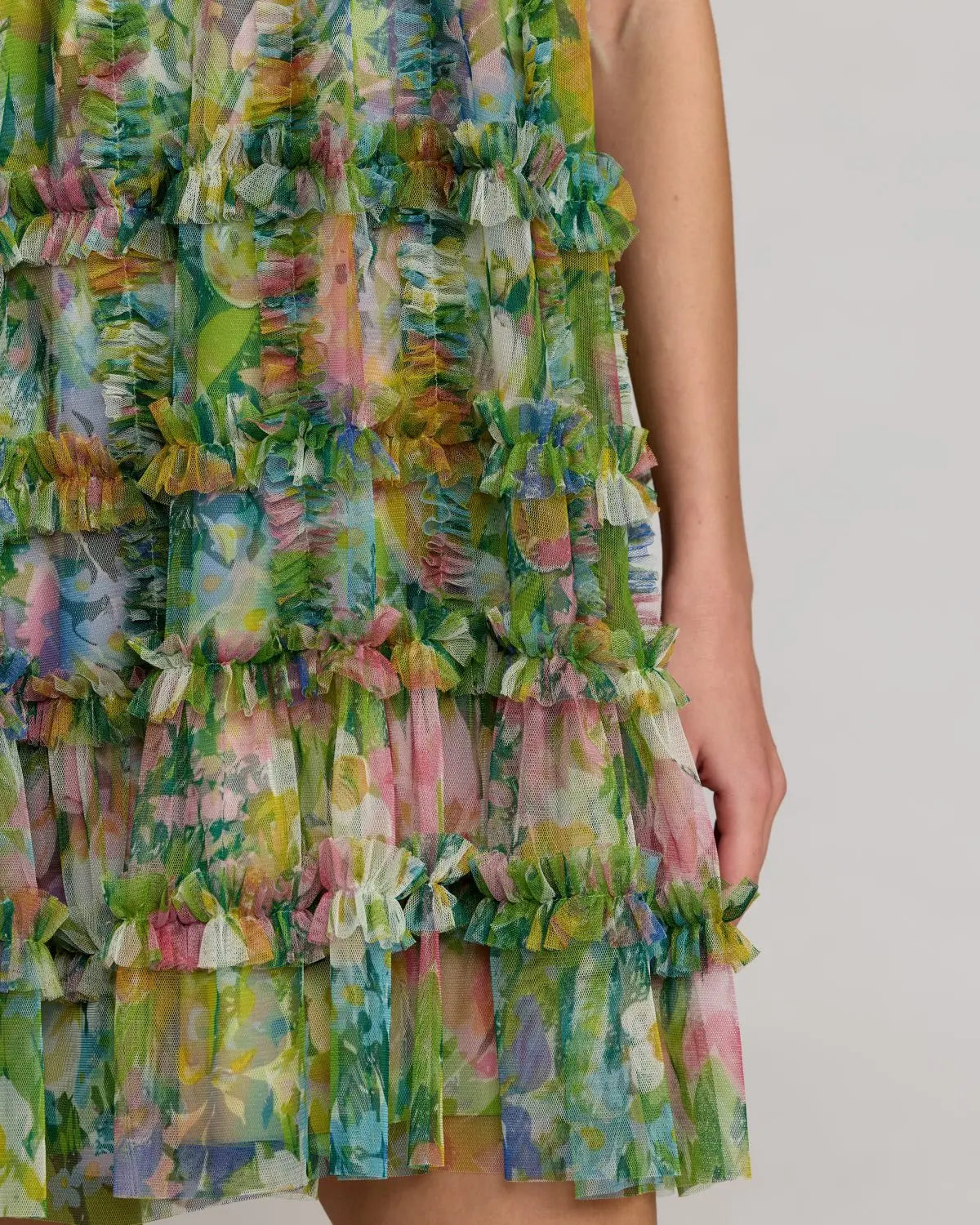 Green Printed Sleeveless High Neck Ruffle Mini Dress