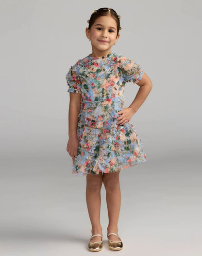 Girls Blue Floral Ruffle Puff Sleeve Dress