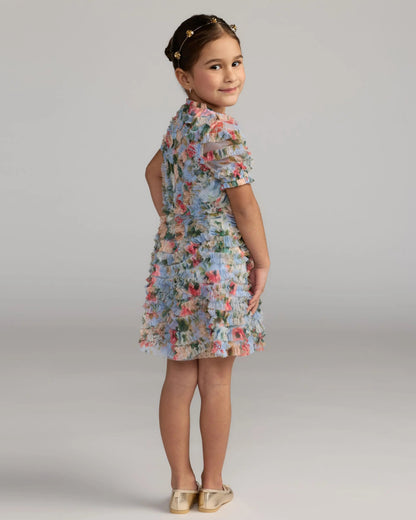 Girls Blue Floral Ruffle Puff Sleeve Dress