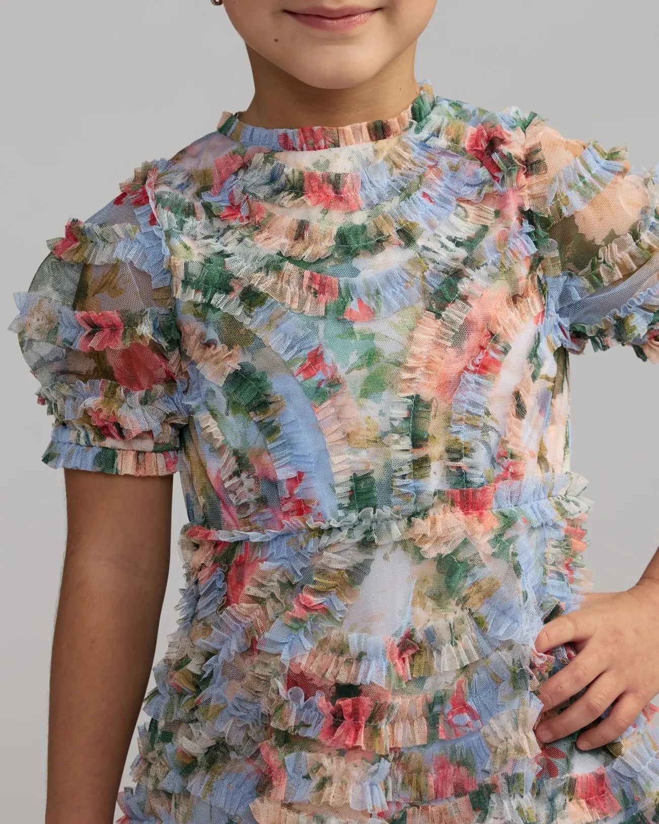 Girls Blue Floral Ruffle Puff Sleeve Dress