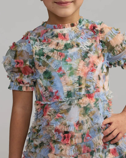 Girls Blue Floral Ruffle Puff Sleeve Dress