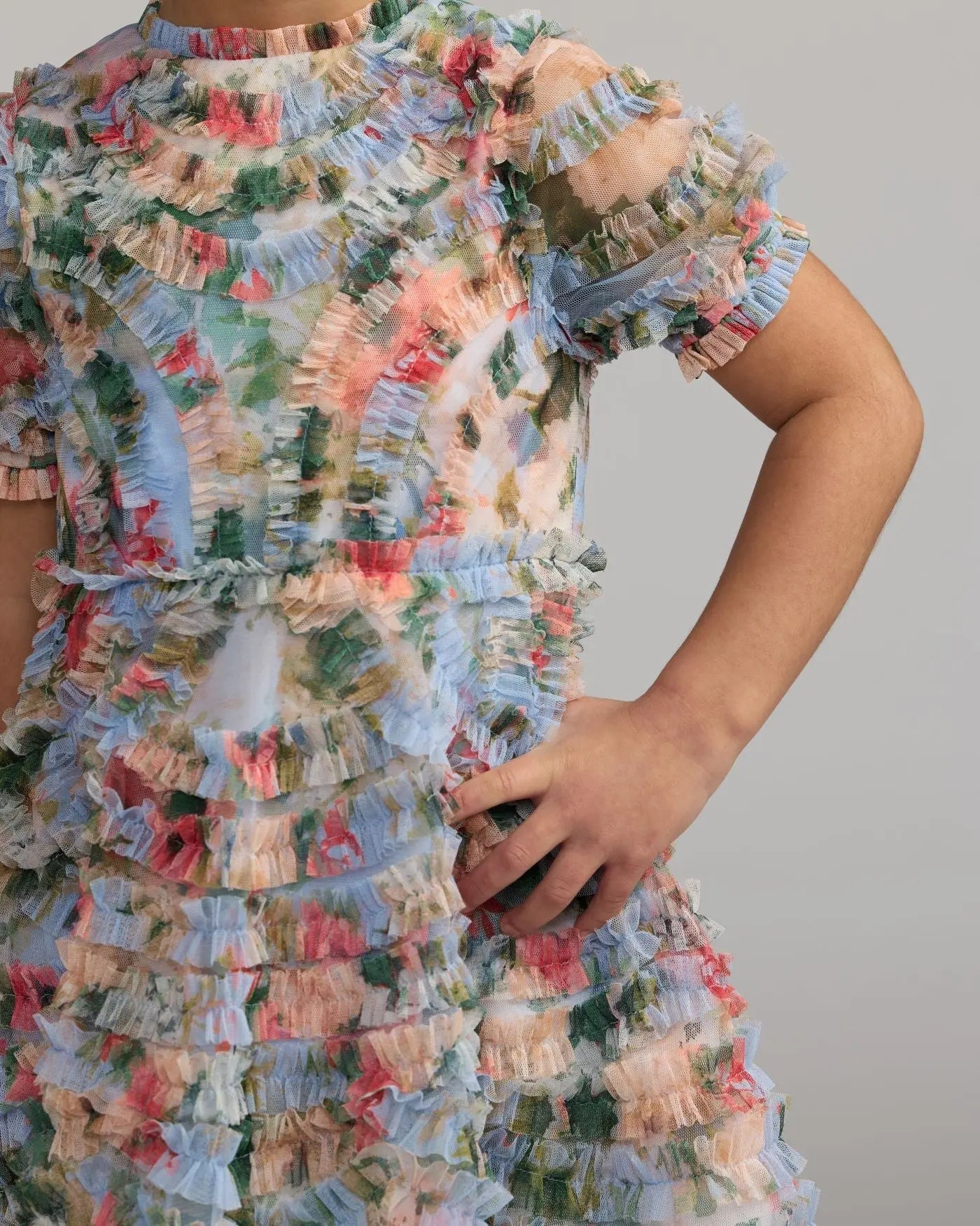 Girls Blue Floral Ruffle Puff Sleeve Dress