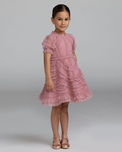 Girls Pink High Neck Puff Sleeve Ruffle Mini Dress