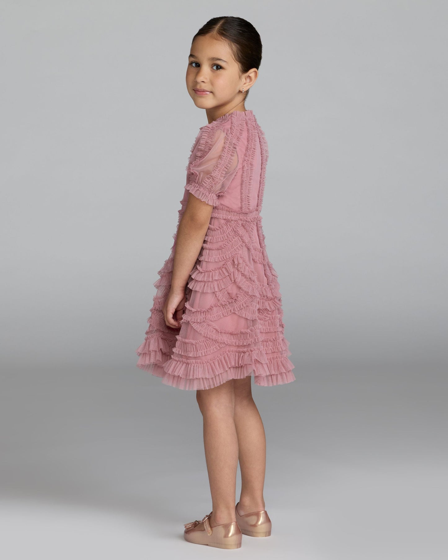 Girls Pink High Neck Puff Sleeve Ruffle Mini Dress