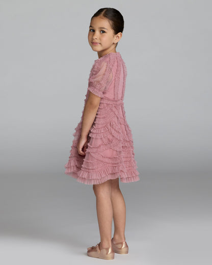 Girls Pink High Neck Puff Sleeve Ruffle Mini Dress