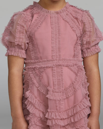 Girls Pink High Neck Puff Sleeve Ruffle Mini Dress