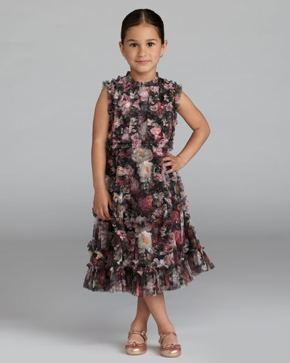 Girls Floral High Neck Ruffle Dress