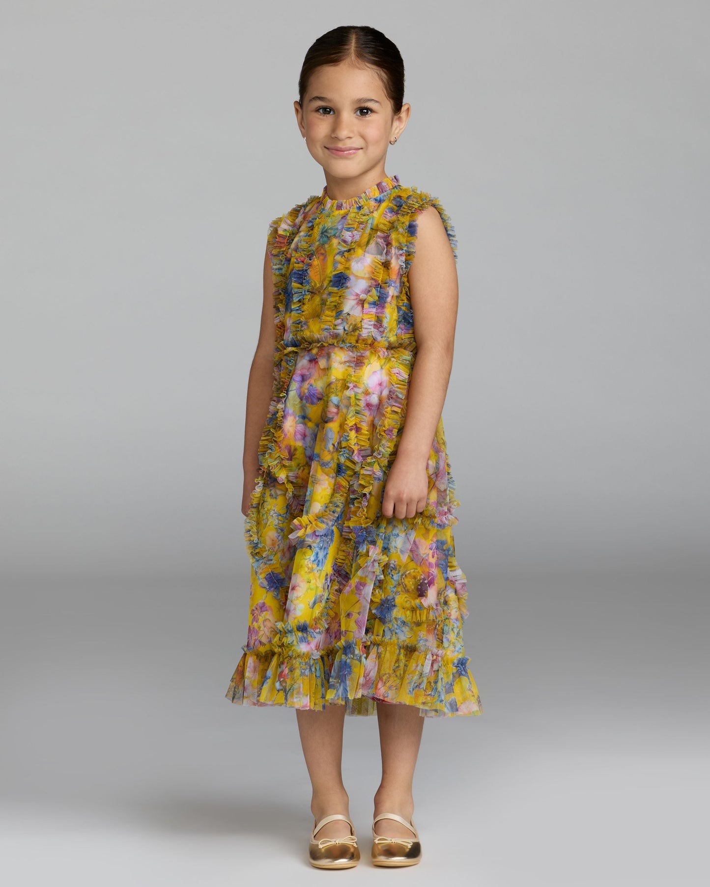 Girls Yellow Floral High Neck Ruffle Dress