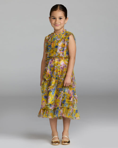 Girls Floral High Neck Ruffle Dress