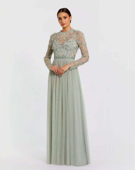 Green Embellished Illusion High Neck Long Sleeve Gown