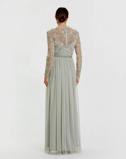 Green Embellished Illusion High Neck Long Sleeve Gown