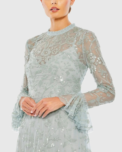 Blue Sequin Long Sleeve Mini Dress