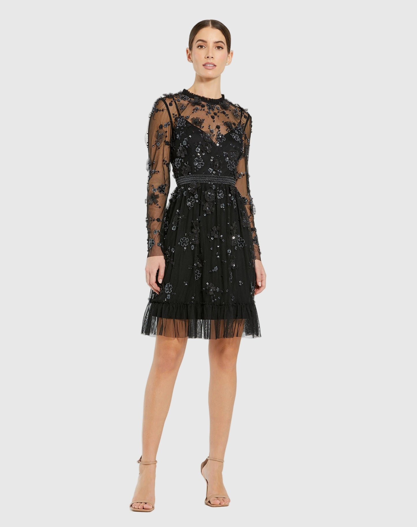 Black Sheer Long Sleeve Embellished Mini Dress