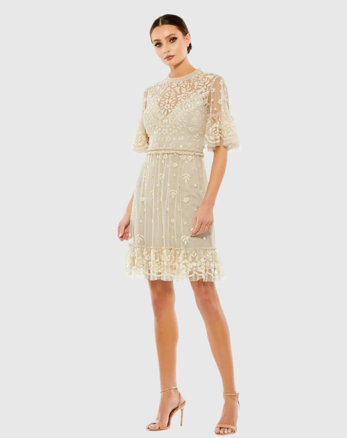 Embellished Illusion High Neck Mini Dress