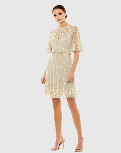 Embellished Illusion High Neck Mini Dress